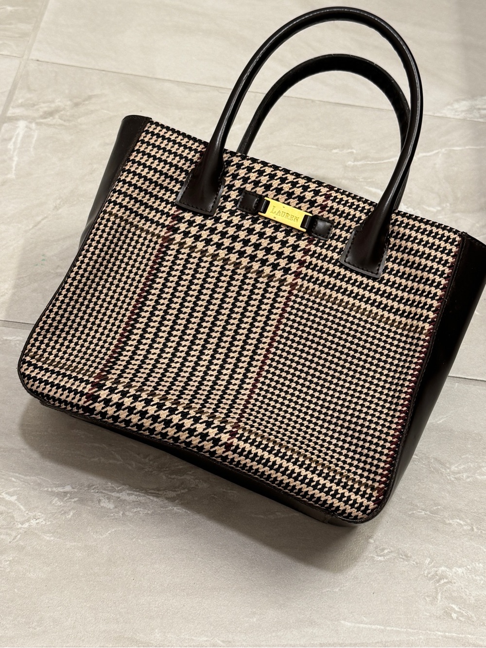 Lauren Ralph Lauren Houndstooth Satchel Black Tan Plaque Bag Classic Preppy